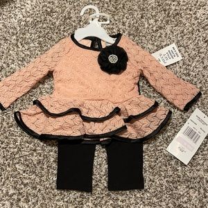 Rare editions 2 piece blush lace top with flower/pearl accent with tights. NWT
